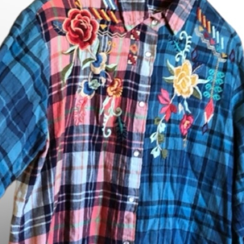 Johnny Was Pink and Blue Plaid Embroidered Eliona snap Button-Up Top - Picture 14 of 16